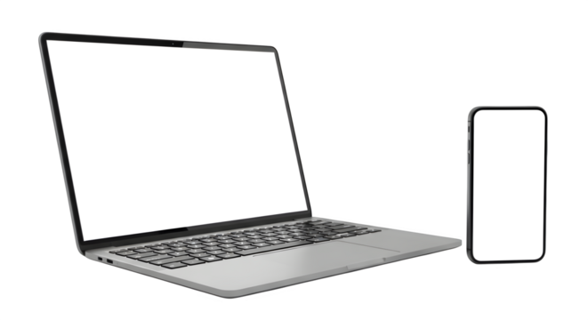 3D Render of a Modern Laptop Computer and a Mobile Phone with Blank Screens on transparent background