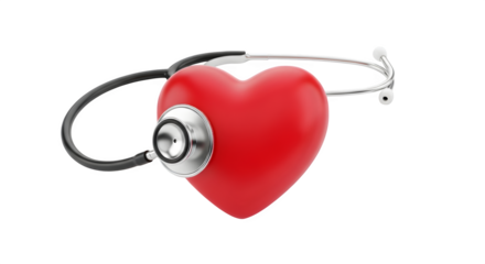 3D Render of a Shiny Red Heart with a Silver Stethoscope on Plain on transparent background