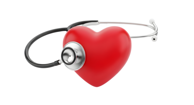 3D Render of a Shiny Red Heart with a Silver Stethoscope on Plain on transparent background