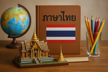 Thai language textbook with national flag, traditional temple model, globe, and colored pencils symbolizing Thai cultural heritage and linguistic education