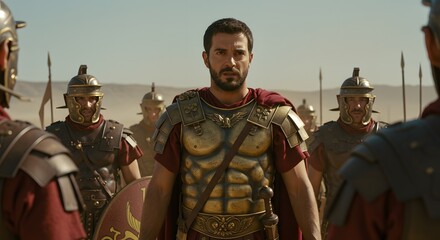 A determined Roman commander in ornate armor stands before his legion of soldiers in a desert.