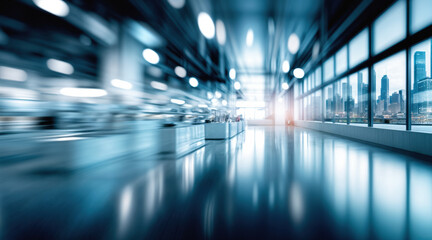 Modern office corridor with motion blur effect. Glass windows, urban cityscape view. Fast paced business environment, corporate architecture. Professional workplace interior design.