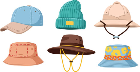 Illustration of six different types of hats on a white background flat