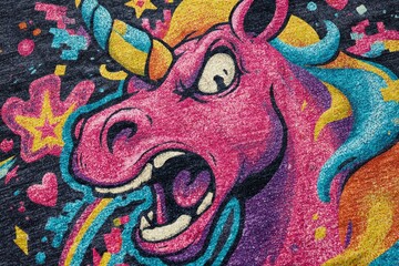 Colorful illustration of an angry pink unicorn roaring, featuring a rainbow mane, pixelated stars, and hearts on a dark background