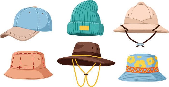 Illustration of six different types of hats on a white background flat