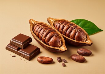 Raw cacao pods, beans, and chocolate bars on beige background highlighting the natural origin of cocoa products