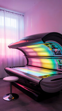 Modern collarium with glowing pink and neon lights inside a stylish futuristic studio, space for advanced skin treatment, concept of skincare