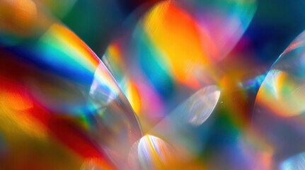 Abstract iridescent surfaces create vibrant rainbow spectrum reflections with prismatic light effects. Translucent crystalline textures showcase holographic gradients, colorful refractions