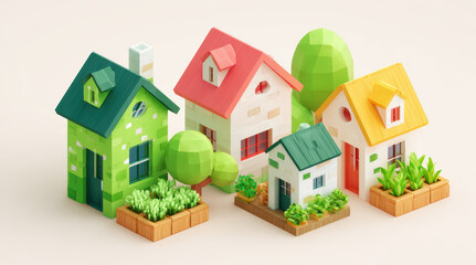 Isometric colorful houses with gardens and trees. Cute residential buildings in green, red, yellow colors. Real estate concept with eco friendly architecture, wooden planters, and sustainable
