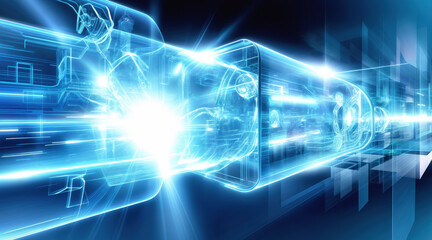 Futuristic holographic train blueprint with neon blue digital wireframe design. Speed electric rail transportation concept with glowing energy effects and smart technology visualization.