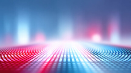 Abstract digital grid perspective with neon gradient colors. Futuristic cyberpunk background features geometric dot matrix pattern in vibrant pink and blue tones. Retro synthwave design with glowing