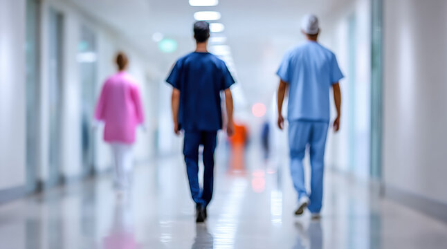 Medical professionals walking through hospital corridor. Healthcare team in colorful scrubs moving down bright clinical hallway. Doctors, nurses in blue, pink uniforms. Interior with fluorescent