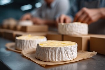 Artisan cheese production: close-up of creamy brie wheels in a culinary setting