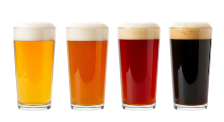 Row of Four Assorted Beers in Clear Glassware with Frothy Heads on transparent background