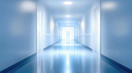 Hospital corridor with blue walls, white doors, reflective floors. Medical facility hallway interior with natural light from windows, clean sterile environment, institutional architecture design.