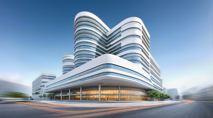 Modern futuristic office building with curved glass facade and flowing architecture. Contemporary commercial skyscraper in urban business district with motion blur traffic lights at twilight.