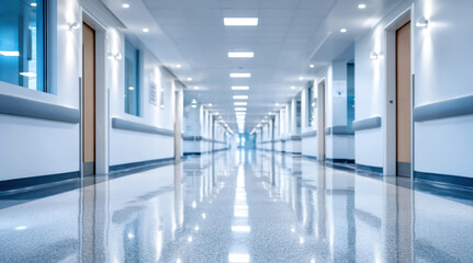 Fototapeta premium Clean hospital corridor with bright lighting and polished floors. Modern medical facility hallway with handrails, doors and sterile white blue interior design for healthcare environment.