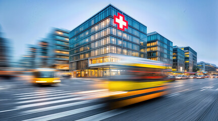 Modern hospital building with red cross symbol and motion blurred ambulance speeding past during evening rush hour. Contemporary medical facility architecture with glass facade and urban traffic