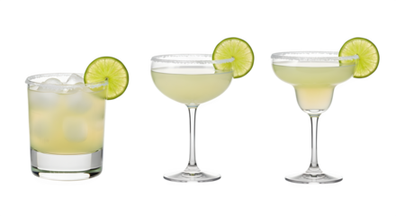 Three glasses of refreshing margarita cocktails with lime garnish, studio shot on transparent background