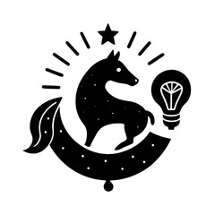 Playful black-and-white vector illustration of a whimsical horse with dots, surrounded by stars, a bird, a globe, and travel icons in a surreal, minimalist style