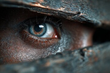 Close-up of a blue eye peering through wooden planks, creating a sense of mystery and intrigue