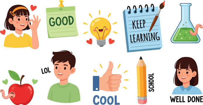Cute school stickers education learning studying student teacher classroom back to school fun 91 editable