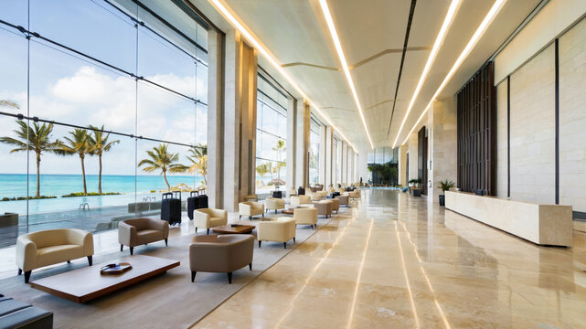 Modern hotel interior with curved stone reception desk and panoramic views of tropical landscape and infinity pool, concept of tropical elegance - Powered by Adobe
