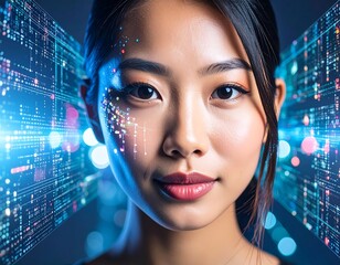 Woman with digital code overlay