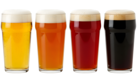 Row of Four Glasses of Different Colored Beers with Frothy Heads, Variety on transparent background