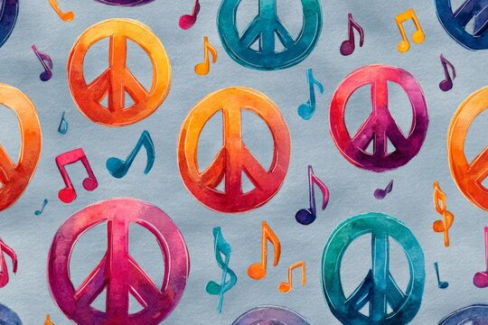 Watercolor painting featuring vibrant peace signs and musical notes, symbolizing a message of unity, love, and peaceful coexistence