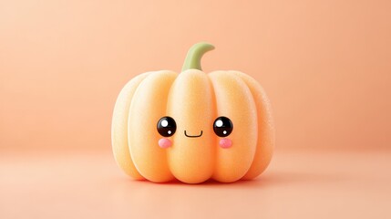 Adorable kawaii pumpkin with smiling face on pastel background