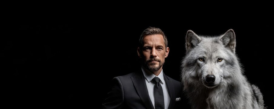 Confident man in suit standing next to a majestic white wolf on black background - Powered by Adobe