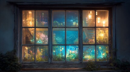Obraz premium Enchanted window view into a magical underwater world with glowing lights