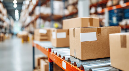 Warehouse conveyor belt system transporting cardboard packages through modern distribution facility. Industrial logistics operation with boxes moving along automated sorting equipment for efficient