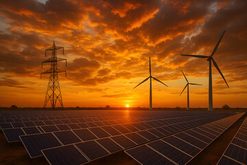 Solar panels and wind turbines farm at sunset renewable energy source