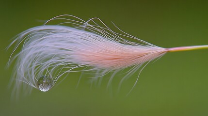 Delicate Water Droplet on Featherlike Plant Fiber in Soft Light