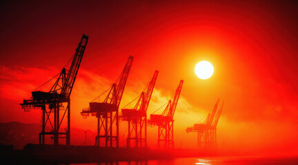 Obraz premium Port cranes silhouetted against orange sunset sky. Industrial harbor terminal with cargo loading equipment for maritime shipping and international trade operations at dusk.