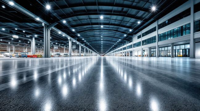 Modern industrial warehouse facility with polished concrete floors and steel structure. Bright led lighting illuminates vast empty storage space with reflective surfaces. Commercial distribution