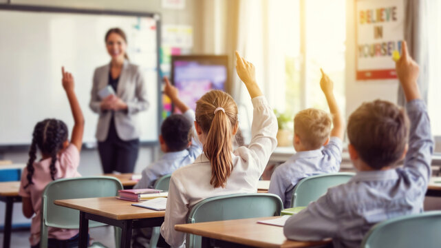Modern classroom interior with students raising hands seen from behind and smiling happy teacher in background, concept of education and school life