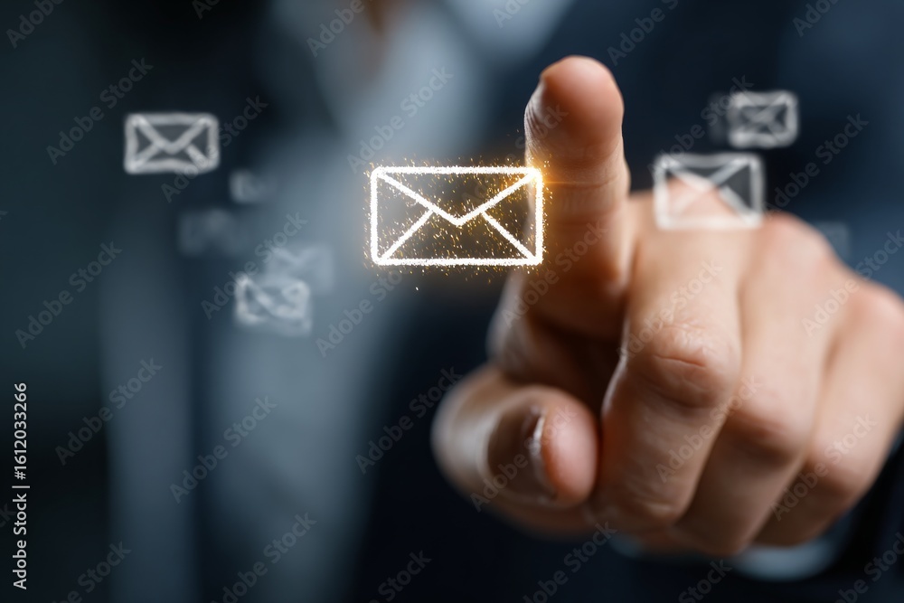 Poster businessman touching email icon using futuristic hologram technology, sending and receiving electron