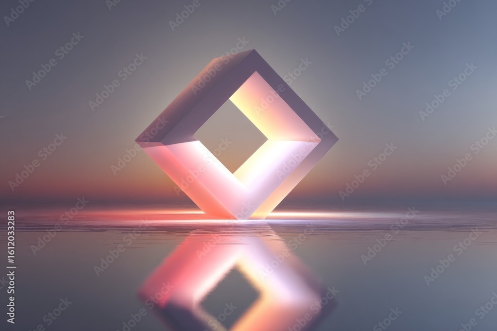 Aufkleber abstract glowing square structure reflecting on water surface at sunset, creating a serene and futur