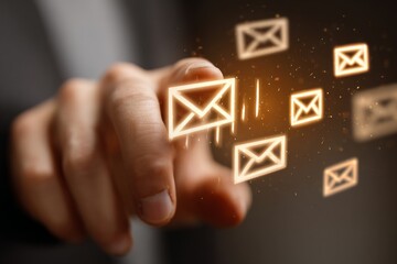 Businessman interacting with holographic email icons, symbolizing digital communication and innovative technology