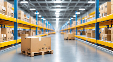 Cardboard boxes on wooden pallet in modern warehouse facility with yellow shelving systems. Industrial storage, logistics operations, supply chain management, inventory distribution center.