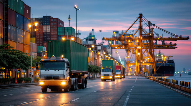 Port terminal trucks transport containers along illuminated harbor road during sunset. Industrial cargo vehicles navigate between stacked shipping and towering cranes. Maritime logistics operations - Powered by Adobe