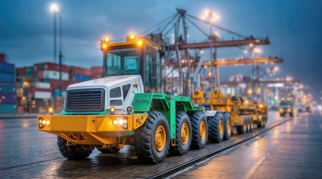 Heavy duty container terminal truck with multiple axles navigating wet pavement at illuminated port facility. Industrial freight transport vehicle operates among towering cargo cranes during evening
