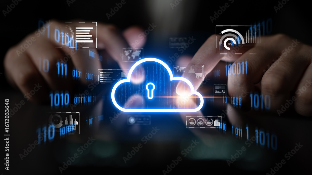 Poster cloud computing enables digital growth with secure data storage, scalable infrastructure, and strate