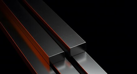 Metallic glass beams reflecting light against a dark backdrop in a modern setting