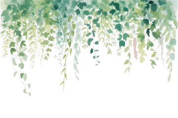 Abstract watercolor painting of cascading green leaves against a dark background