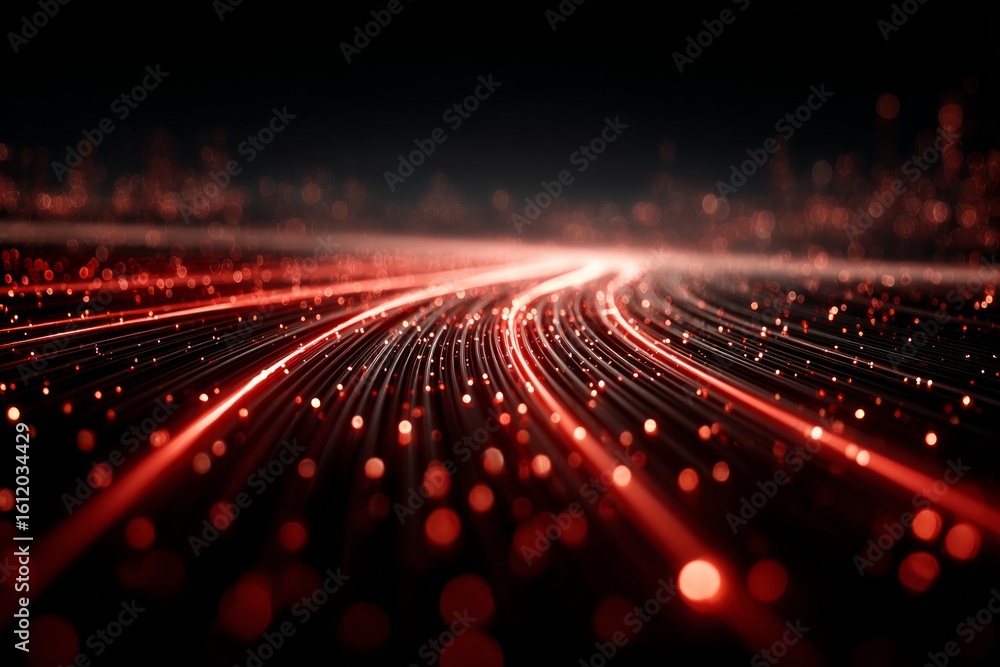 Poster fiber optic cables transferring data at high speed with glowing red bokeh effect
