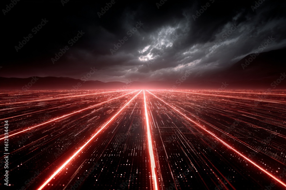Poster red data streams are flowing on dark digital landscape under cloudy sky at night, symbolizing data t